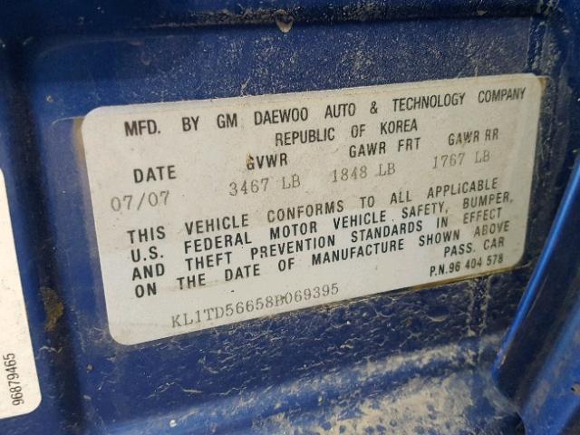 KL1TD56658B069395 - 2008 CHEVROLET AVEO BASE Көк фото 10