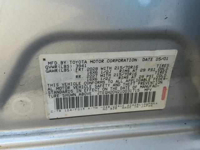 JTEGH20V210031715 - 2001 TOYOTA RAV4 SILVER photo 10