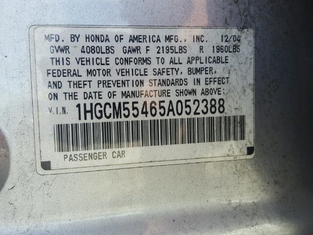 1HGCM55465A052388 - 2005 HONDA ACCORD LX SILVER photo 10