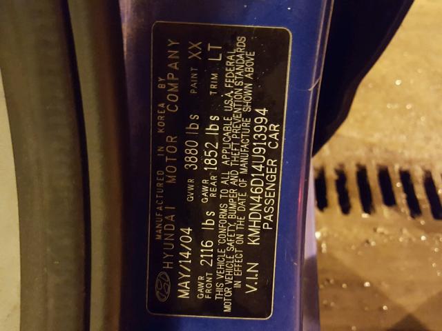 KMHDN46D14U913994 - 2004 HYUNDAI ELANTRA BLUE photo 10