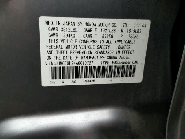 JHMGE8H24AC010727 - 2010 HONDA FIT Серебристый фото 10
