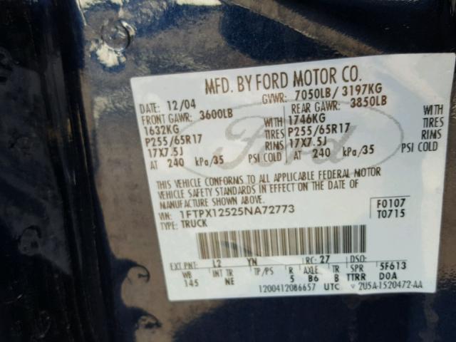 1FTPX12525NA72773 - 2005 FORD F150 BLUE photo 10