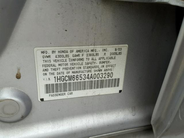 1HGCM66534A003290 - 2004 HONDA ACCORD EX SILVER photo 10