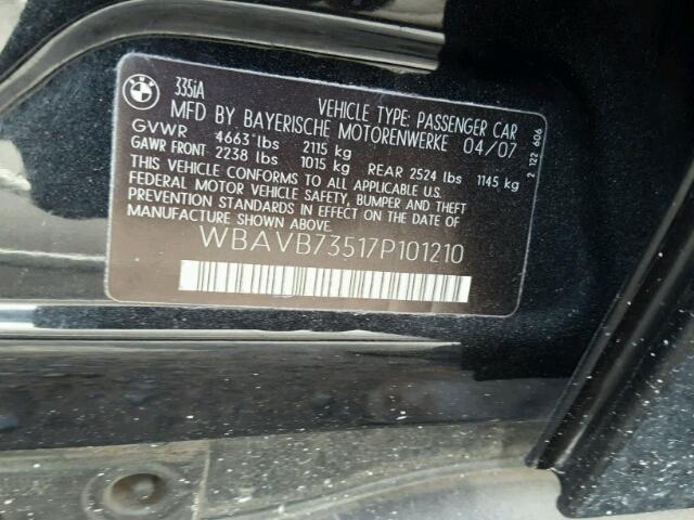 WBAVB73517P101210 - 2007 BMW 335 I BLACK photo 10