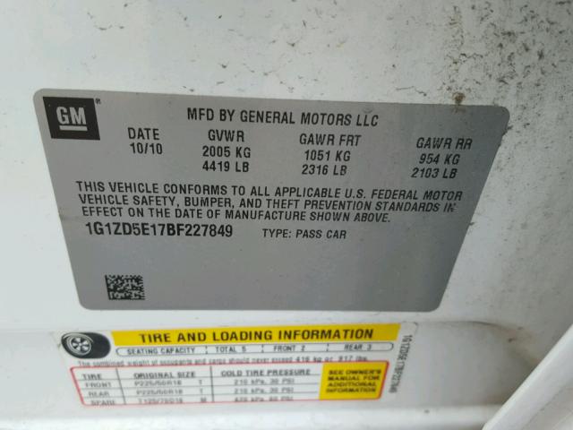 1G1ZD5E17BF227849 - 2011 CHEVROLET MALIBU 2LT WHITE photo 10