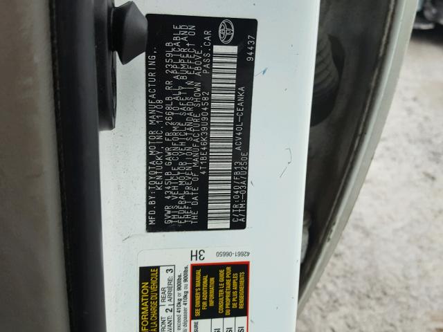 4T1BE46K39U904582 - 2009 TOYOTA CAMRY BASE WHITE photo 10
