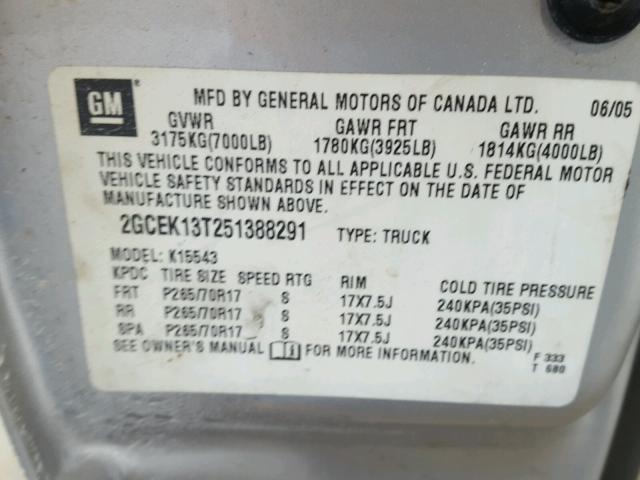 2GCEK13T251388291 - 2005 CHEVROLET SILVERADO SILVER photo 10