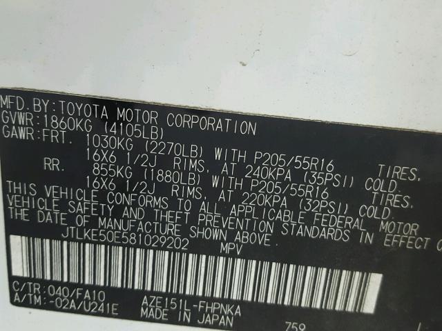 JTLKE50E581029202 - 2008 TOYOTA SCION WHITE photo 10