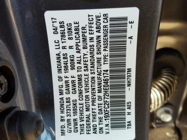 19XFC2F72HE046174 - 2017 HONDA CIVIC EX 灰色 照片 10