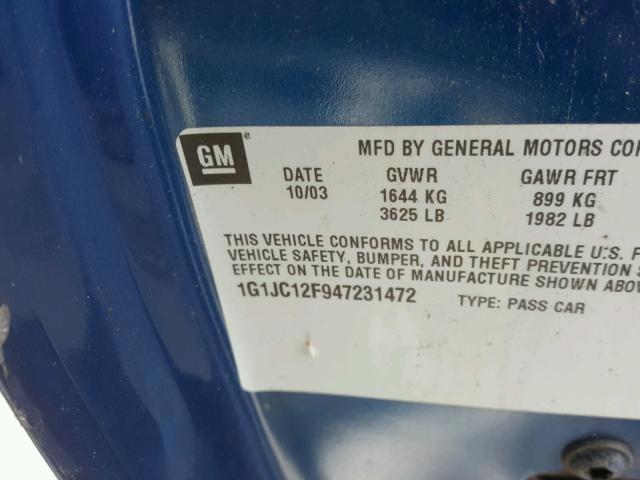 1G1JC12F947231472 - 2004 CHEVROLET CAVALIER BLUE photo 10