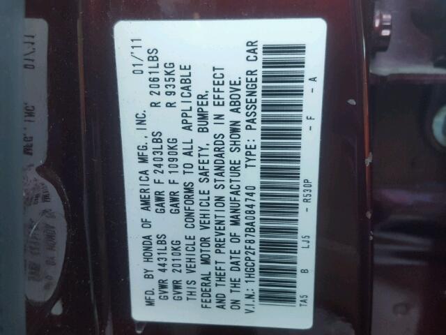 1HGCP2F87BA084740 - 2011 HONDA ACCORD EXL BURGUNDY photo 10