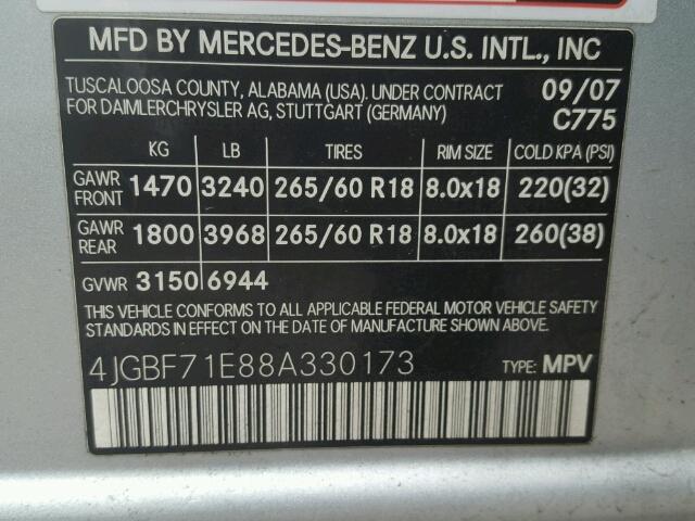 4JGBF71E88A330173 - 2008 MERCEDES-BENZ GL 450 4MA SILVER photo 10