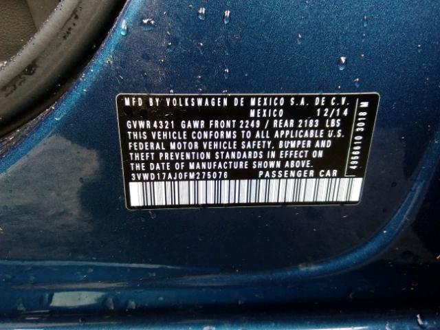 3VWD17AJ0FM275076 - 2015 VOLKSWAGEN JETTA SE أزرق صورة 10