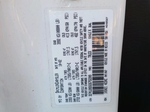 3D7KU28D63G752209 - 2003 DODGE RAM 2500 S WHITE photo 10