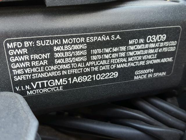 VTTGM51A692102229 - 2009 SUZUKI GS500 SILVER photo 10