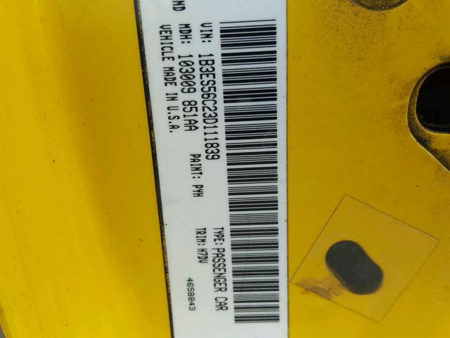 1B3ES56C23D111839 - 2003 DODGE NEON SXT YELLOW photo 10