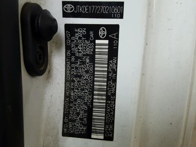 JTKDE177270210601 - 2007 TOYOTA SCION TC 白色 照片 10