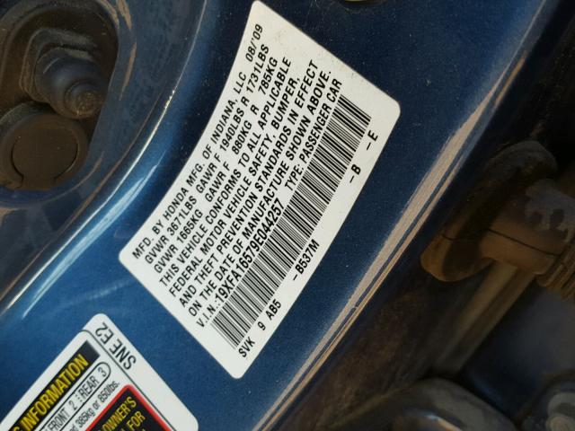 19XFA16579E044257 - 2009 HONDA CIVIC LX BLUE photo 10