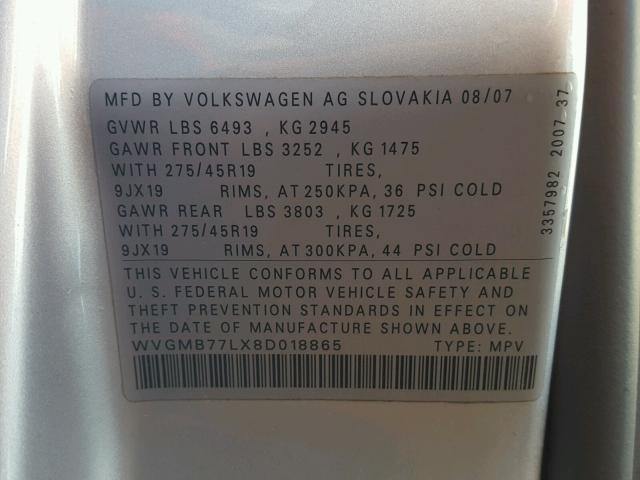 WVGMB77LX8D018865 - 2008 VOLKSWAGEN TOUAREG 2 SILVER photo 10