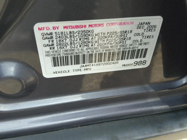 JA4MT41X87Z002428 - 2007 MITSUBISHI OUTLANDER GRAY photo 10