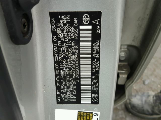 JTDKB20U140055418 - 2004 TOYOTA PRIUS SILVER photo 10