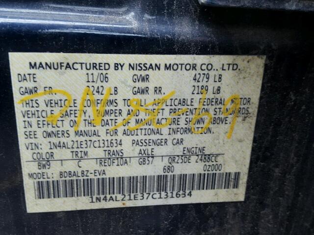 1N4AL21E37C131634 - 2007 NISSAN ALTIMA 2.5 BLUE photo 10