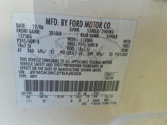 2FMDK39C27BA26209 - 2007 FORD EDGE SEL P CREAM photo 10