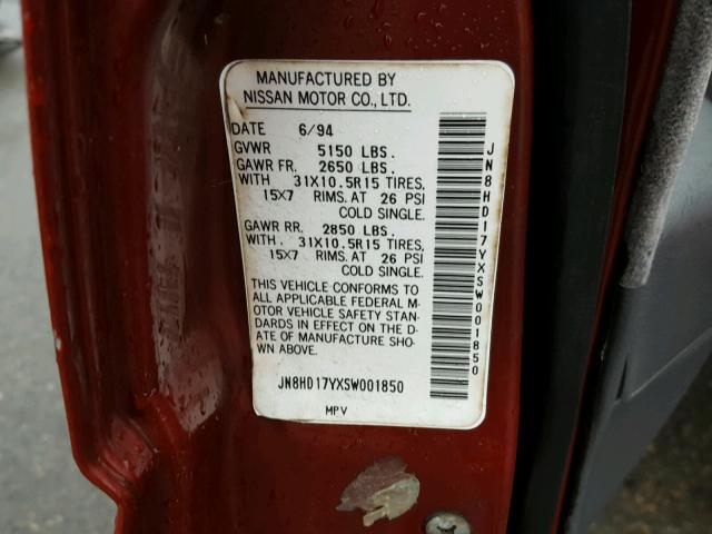 JN8HD17YXSW001850 - 1995 NISSAN PATHFINDER RED photo 10