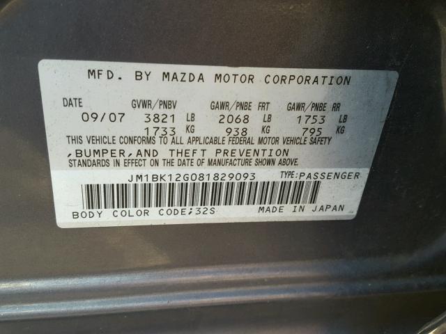 JM1BK12G081829093 - 2008 MAZDA 3 I CHARCOAL photo 10