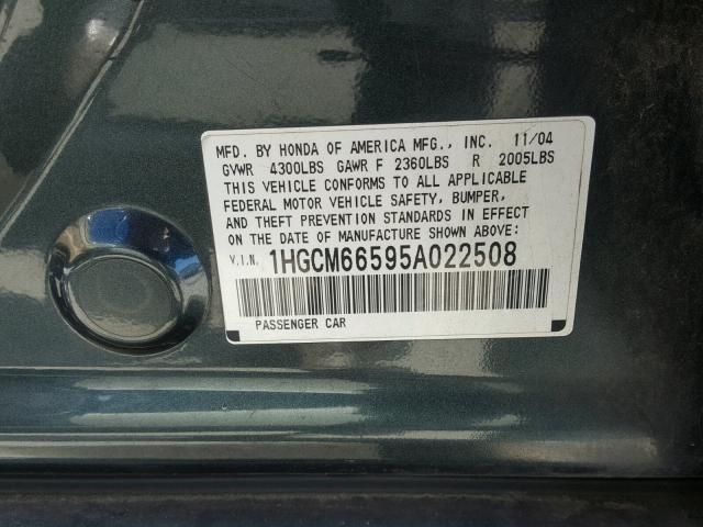 1HGCM66595A022508 - 2005 HONDA ACCORD EX GREEN photo 10