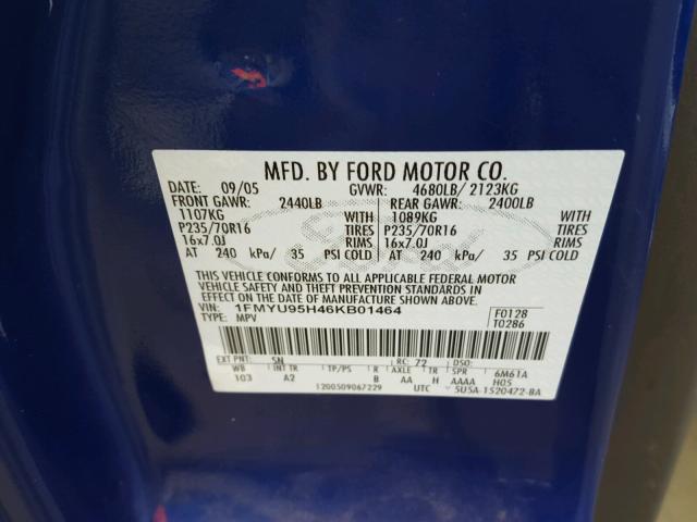 1FMYU95H46KB01464 - 2006 FORD ESCAPE HEV BLUE photo 10