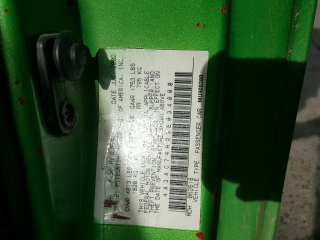 4A3AC74H23E034000 - 2003 MITSUBISHI ECLIPSE GREEN photo 10