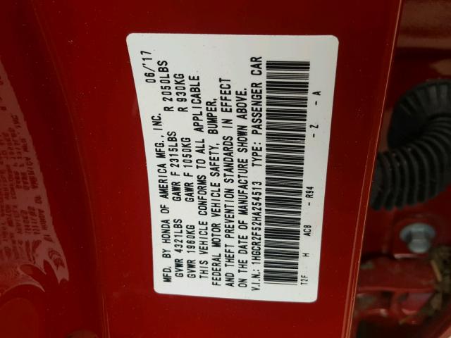 1HGCR2F52HA254513 - 2017 HONDA ACCORD SPO RED photo 10