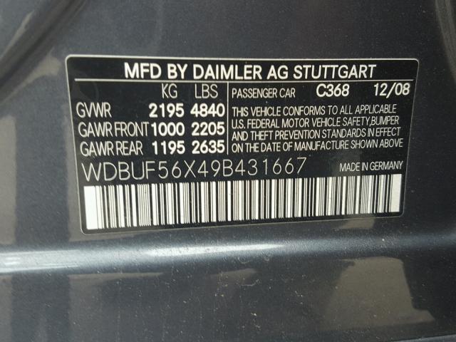 WDBUF56X49B431667 - 2009 MERCEDES-BENZ E 350 CHARCOAL photo 10