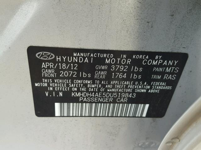 KMHDH4AE5DU519843 - 2013 HYUNDAI ELANTRA GL SILVER photo 10