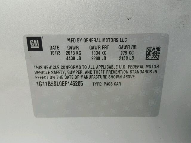 1G11B5SL0EF146205 - 2014 CHEVROLET MALIBU LS ვერცხლისფერი ფოტო 10