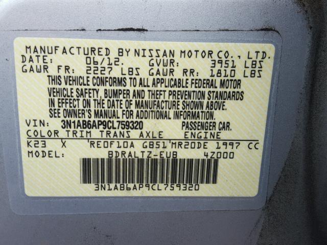 3N1AB6AP9CL759320 - 2012 NISSAN SENTRA 2.0 GRAY photo 10