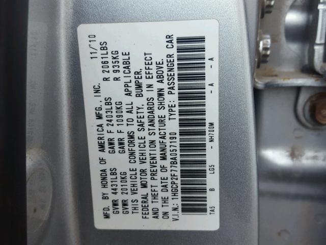 1HGCP2F77BA057190 - 2011 HONDA ACCORD EX SILVER photo 10