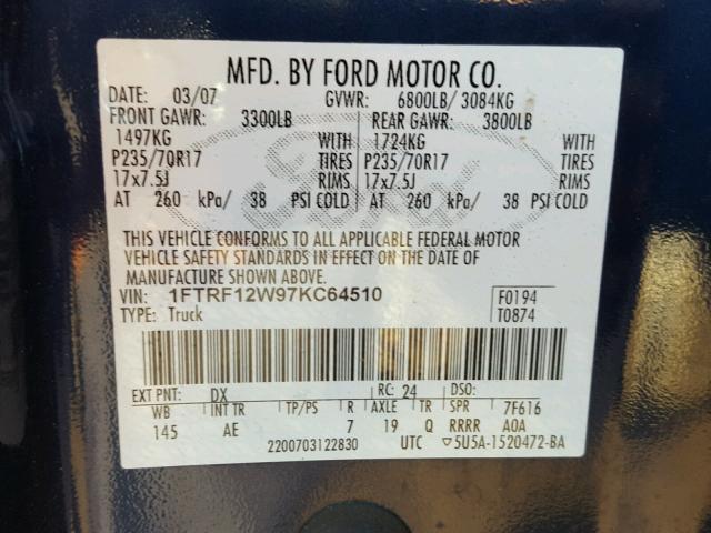 1FTRF12W97KC64510 - 2007 FORD F150 BLUE photo 10