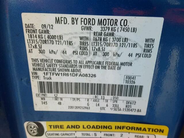 1FTFW1R61DFA08326 - 2013 FORD F150 SVT R BLUE photo 10