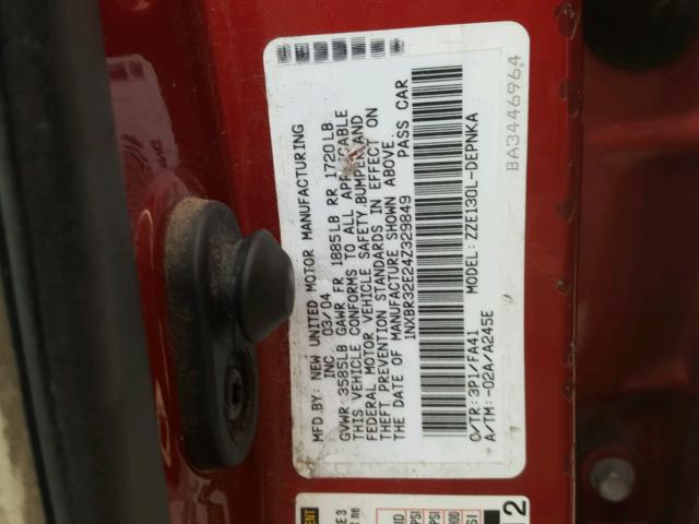 1NXBR32E24Z329849 - 2004 TOYOTA COROLLA CE RED photo 10