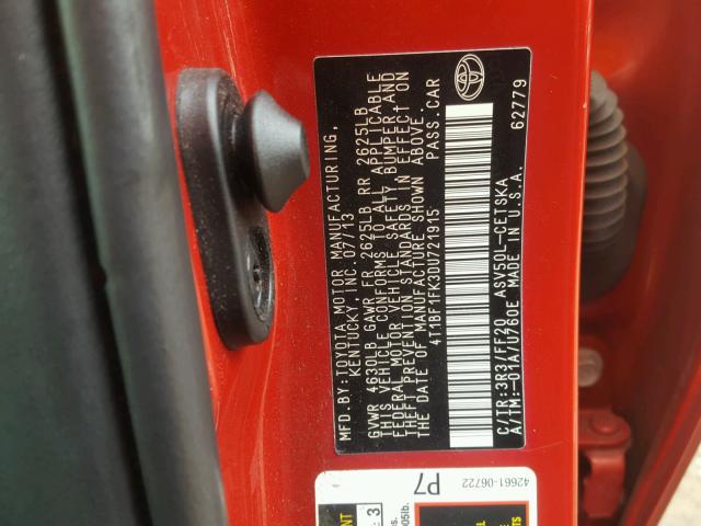 4T1BF1FK3DU721915 - 2013 TOYOTA CAMRY L RED photo 10