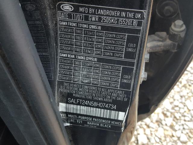 SALFT24N58H074734 - 2008 LAND ROVER LR2 HSE TE BLACK photo 10