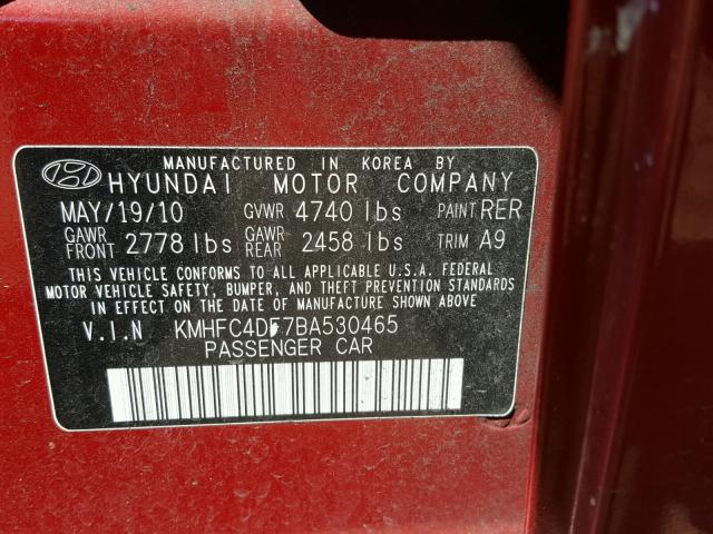 KMHFC4DF7BA530465 - 2011 HYUNDAI AZERA GLS RED photo 10