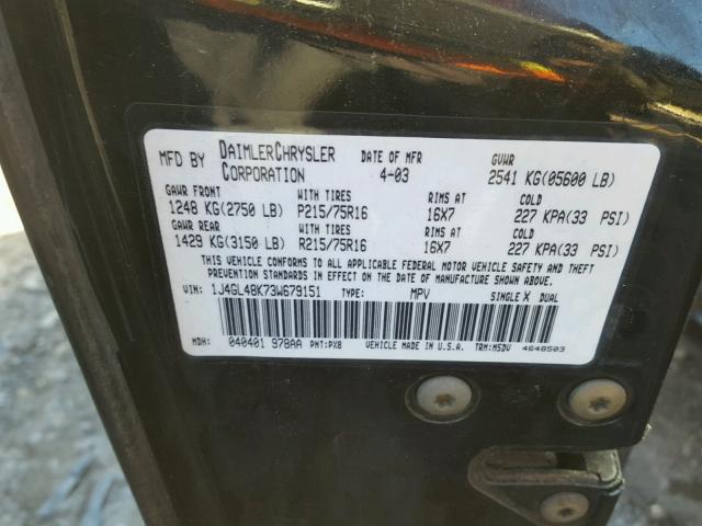 1J4GL48K73W679151 - 2003 JEEP LIBERTY SP BLACK photo 10