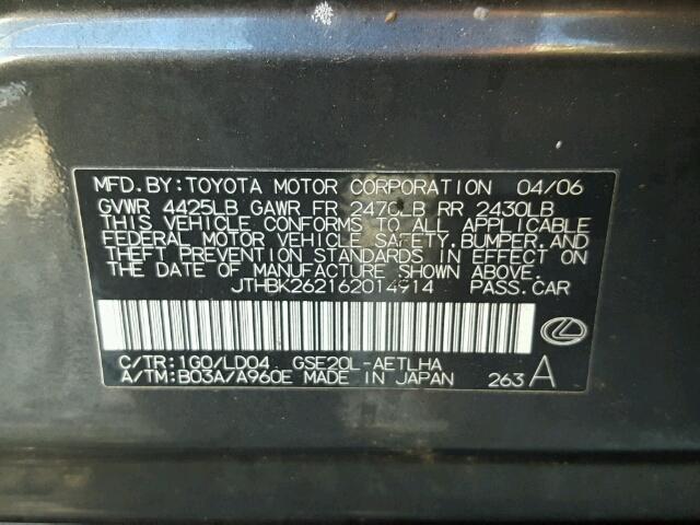 JTHBK262162014914 - 2006 LEXUS IS 250 GRAY photo 10