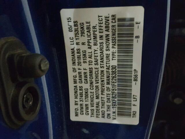 19XFB2F51FE263830 - 2015 HONDA CIVIC LX BLUE photo 10