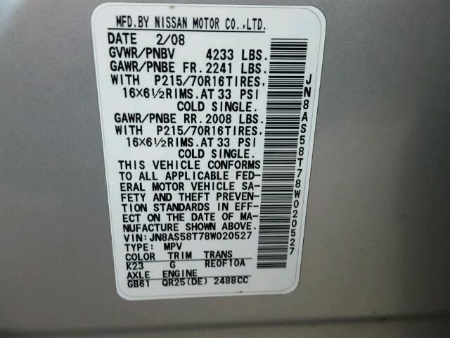 JN8AS58T78W020527 - 2008 NISSAN ROGUE S SILVER photo 10