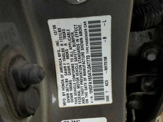 1HGFA16547L047770 - 2007 HONDA CIVIC LX BROWN photo 10