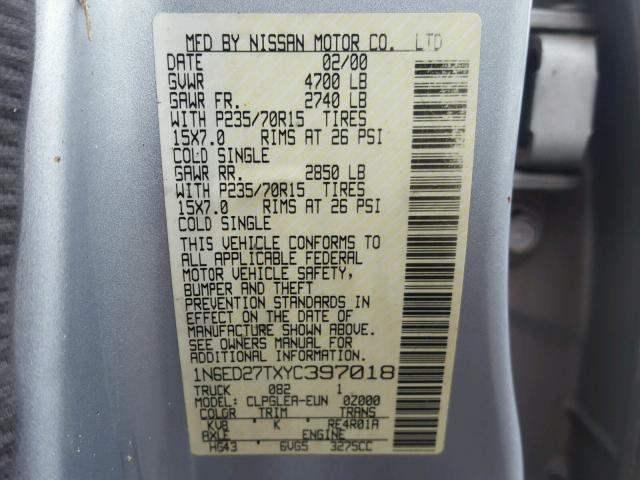 1N6ED27TXYC397018 - 2000 NISSAN FRONTIER C GRAY photo 10